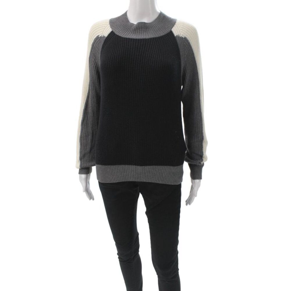 525 America Women Black Striped Cotton Mock Neck Pullover Size S